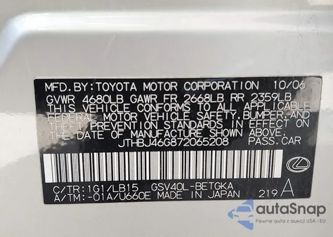 2007 Lexus Es 350 z USA, uszkodzony, nr VIN JTHBJ46G872065208